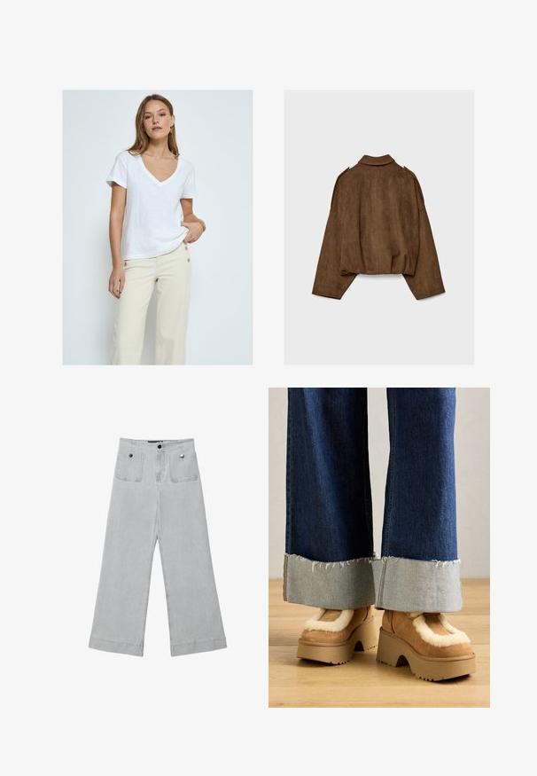 Braune Jacke aus Kunstwildleder mit Kragen, übergroßem Schnitt und abgefallenen Schultern. Der Rücken zeigt vertikale Nahtdetails und ein kurzes Design.; Desires DEDANNON TEE - T-Shirt basic - white; Weite Beinhosen aus hellgrauem Denim mit zwei vorderen Taschen, Metallknopfverschluss und einem sauberen Finish mit umgenähten Kanten.; Braune Wildleder-Plateau-Stiefel mit cremefarbener Fellfütterung, kombiniert mit weiten Denim-Hosen mit fransigen Säumen und einem helleren Denim-Bündchen.