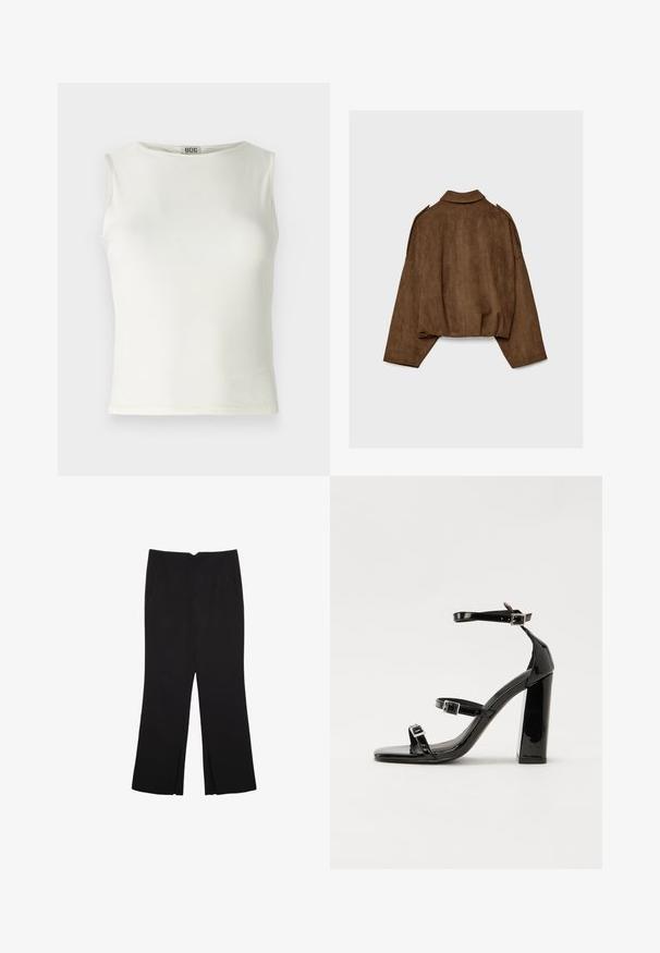 Ruskea tekonahkainen mokkatakki, jossa on kauluksellinen kaula-aukko, ylisuurikokoinen istuvuus ja laskostetut olkapäät. Takana pystysuoria saumadetaljeja ja lyhyt malli.; Valkoinen hihaton paita, joka on valmistettu sileästä kankaasta, jossa on pyöreä pääntie ja siistit reunat, sekä vartalonmyötäinen siluetti. Brändilogo näkyvissä.; Mustat housut suoralinjaisella leikkauksella, joissa on etutaskut ja sivurei'ät helman alla. Valmistettu pehmeästä ja sileästä kankaasta. Sopii eri tilaisuuksiin.; Musta kiiltävä korkokenkä sandaalit neliönmuotoisella varpaalla, nilkkaremmillä ja hopeisilla soljilla. Varustettu tukevalla lohkokorkealla vakauden takaamiseksi.