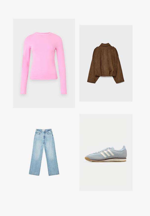 Brun jacka i fuskmocka med krage, oversized passform och nedsänkta axlar. Bakstycket har vertikal sömdetalj och en kortare design.; Långärmad skjorta i mjukt rosa tyg, med rund halsringning och en figurnära design. Slät textur utan synliga mönster eller detaljer.; Ljusblå denim byxor med vida ben och hög midja, med en blekt tvätt och små, utspridda slitna detaljer genom hela plagget.; Ljusblå mockasko med vita tre ränder, gummisula och texturerad mesh. Har en slät tåhuvud och logotyp på hälen.