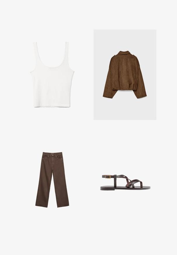 Brun jakke i imiteret ruskind med krave, oversized pasform og sænkede skuldre. Bagsiden har lodrette sømdetaljer og et cropped design.; Hvid bomulds tanktop med en rundet halsudskæring, uden ærmer og en tætsiddende pasform. Glat tekstur, ensartet design og minimale syninger.; Bredde ben brun denim jeans med høj talje, forlommer og klassisk knaplukning. Glat tekstur med diskret syninger.; Brune lædersandal med krydsende stropper, ankelspænde og en flad sål med minimale syninger.