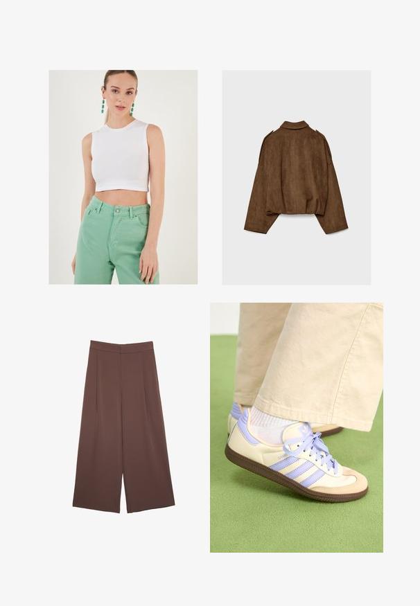 Brown faux suede jacket with a collared neck, oversized fit, and dropped shoulders. The back features vertical seam detailing and a cropped design.; White cropped sleeveless top made of cotton, paired with high-waisted mint green jeans. The outfit features a simple design and smooth texture.; Brown wide-leg trousers with a smooth texture, featuring a high waist and front pleats. The fabric is lightweight and flows loosely.; Cream and lavender sneakers with three stripes and a textured brown sole, featuring laces and a padded heel. Soft fabric upper.