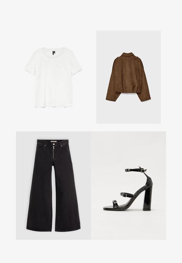 Ruskea tekonahkainen mokkatakki, jossa on kauluksellinen kaula-aukko, ylisuurikokoinen istuvuus ja laskostetut olkapäät. Takana pystysuoria saumadetaljeja ja lyhyt malli.; Valkoinen lyhythihainen t-paita pyöreällä kaula-aukolla, valmistettu kevyestä kankaasta. Yksinkertainen muotoilu, sileä pinta ja suora helma.; Mustat leveälahkeiset farkut, joissa on vetoketjufrunti, viisi-taskuinen muotoilu ja hienovaraiset ompelusyyt. Sileä pinta ja rento tyyli.; Musta kiiltävä korkokenkä sandaalit neliönmuotoisella varpaalla, nilkkaremmillä ja hopeisilla soljilla. Varustettu tukevalla lohkokorkealla vakauden takaamiseksi.