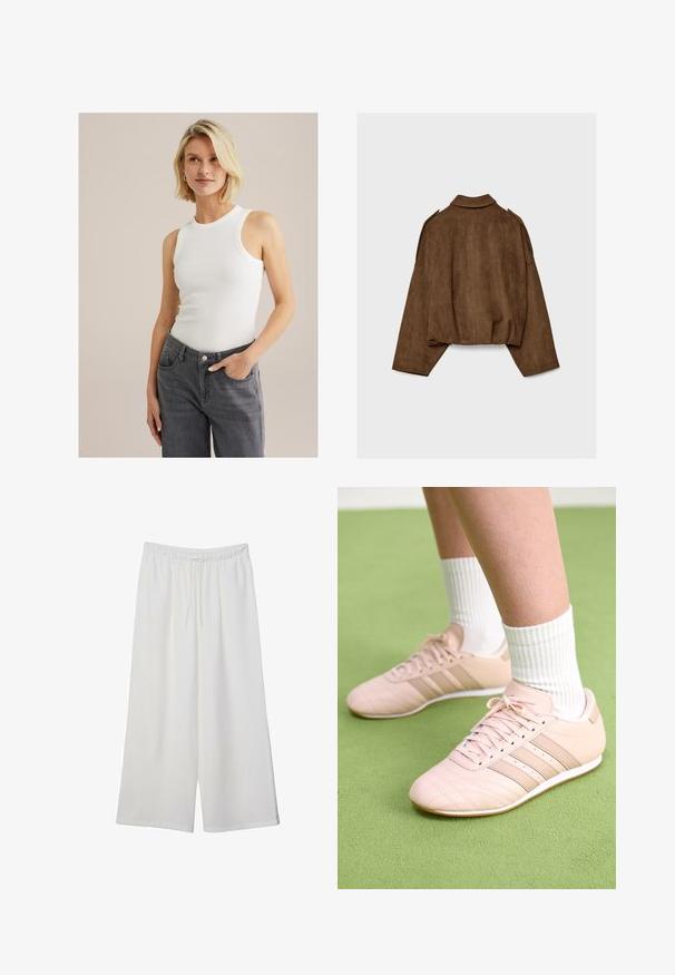 Hnedá bundu z umelého semišu s golierom, nadrozmerným strihom a spustenými ramenami. Zadná časť má vertikálne švy a skrátený dizajn.; Biela bezrukávová rebrovaná tielko s okrúhlym výstrihom, spárované so sivými džínsami s vysokým pásom, ktoré majú vrecká a zapínanie na gombík.; Biele široké nohavice z ľahkého materiálu s elastickým pásom a šnúrkou na nastavenie veľkosti. Hladká textúra.; Svetloružové športové topánky s diagonálnym šitím, bielymi podrážkami a tromi bočnými pruhmi. Nosené s rebrovanými bielymi ponožkami na zelenej ploche.