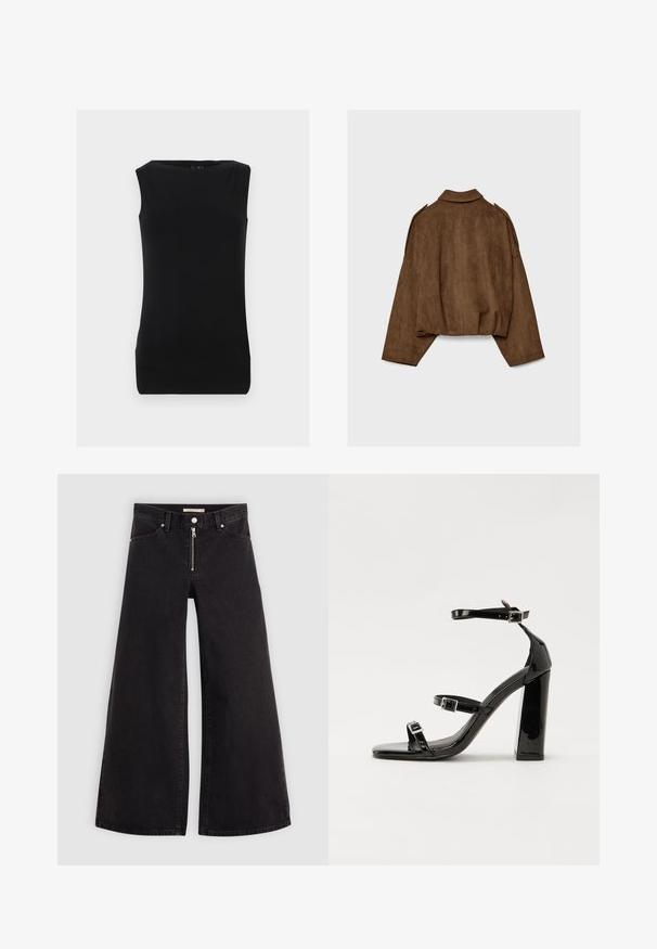 Ruskea tekonahkainen mokkatakki, jossa on kauluksellinen kaula-aukko, ylisuurikokoinen istuvuus ja laskostetut olkapäät. Takana pystysuoria saumadetaljeja ja lyhyt malli.; Musta ilman hihoja oleva toppi, joka on valmistettu pehmeästä kankaasta. Se muodostaa pyöreän kaula-aukko ja on istuva malli, jossa on sileä pinta. Ei näkyviä kuvioita tai koristeluja.; Mustat leveälahkeiset farkut, joissa on vetoketjufrunti, viisi-taskuinen muotoilu ja hienovaraiset ompelusyyt. Sileä pinta ja rento tyyli.; Musta kiiltävä korkokenkä sandaalit neliönmuotoisella varpaalla, nilkkaremmillä ja hopeisilla soljilla. Varustettu tukevalla lohkokorkealla vakauden takaamiseksi.