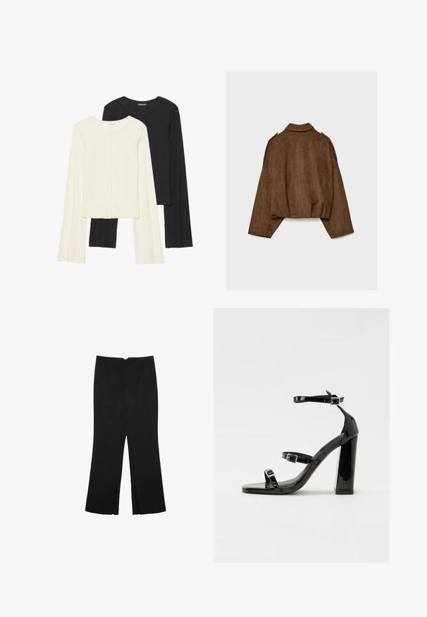 Hnědá bunda z umělé semiše s límcem, volným střihem a sníženými rameny. Na zádech jsou vertikální švy a zkrácený střih.; Souprava dvou dlouhých rukávů v bílé a černé barvě. Hladká textura, kulatý výstřih, upnutý střih s mírně rozšířenými rukávy.; Černé kalhoty s rovným střihem, s předními kapsami a bočními rozparky na lemu. Vyrobené z jemné, hladké tkaniny. Vhodné na různé příležitosti.; Černé lakované sandály na podpatku se čtveratou špičkou, lýtkovými pásky a stříbrnými přezkami. Disponují masivním blokovým podpatkem pro stabilitu.