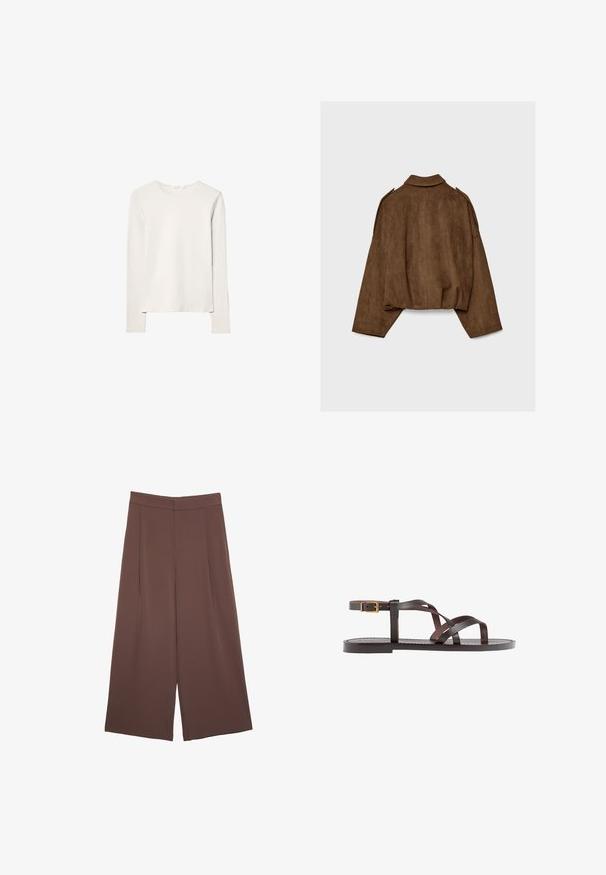 Braune Jacke aus Kunstwildleder mit Kragen, übergroßem Schnitt und abgefallenen Schultern. Der Rücken zeigt vertikale Nahtdetails und ein kurzes Design.; Langarmshirt aus leichtem beigen Baumwollstoff. Rundhalsausschnitt mit geradem Saum, minimalen Nähten und glatter Textur. Einfaches Design ohne Muster oder Verzierungen.; Braune Weite-Leg-Hosen mit einer glatten Textur, hoher Taille und Vorderfalten. Der Stoff ist leicht und fällt locker.; Braune Leder-Sandale mit überkreuzten Riemen, einem Knöchelriemen mit Schnalle und einer flachen Sohle mit minimalen Nähdetails.