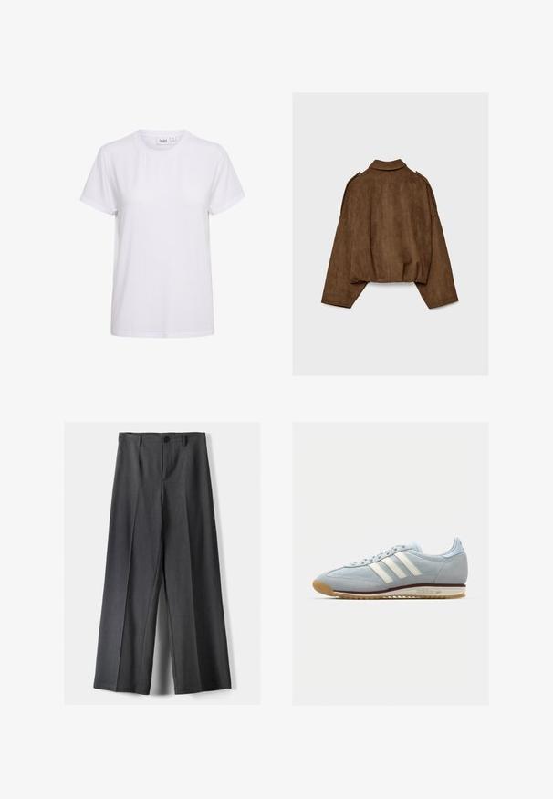 Hnedá bundu z umelého semišu s golierom, nadrozmerným strihom a spustenými ramenami. Zadná časť má vertikálne švy a skrátený dizajn.; Biele tričko s krátkym rukávom vyrobené z mäkkého bavlneného materiálu. Má okrúhly výstrih a jednoduchý, bezšvový dizajn bez ozdôb alebo vzorov.; Široké nohavice z tmavosivej látky, ktoré majú gombíkový uzáver, predné skladanie a pútka na opasok. Hladká textúra s elegnatným strihom.; Svetlomodré semišové tenisky s bielymi tromi pruhmi, gumovou podrážkou a textúrovanou sieťovinou. Majú hladký špic a branding na päte.