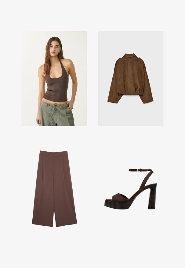 Brun jakke i imiteret ruskind med krave, oversized pasform og sænkede skuldre. Bagsiden har lodrette sømdetaljer og et cropped design.; Brun udenærmet top med rund halsudskæring og rynket tekstur, parret med olivengrønne cargo bukser med snoretræk.; Brune bredbunde bukser med en glat tekstur, der har høj talje og plisseringer foran. Stoffet er let og falder løst.; Brune ruskinds højhælede sandal med åben tå, justerbar ankelrem og en stribet plade sål.