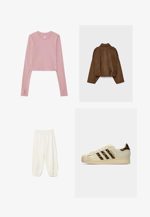 Giacca marrone in finto camoscio con collo a camicia, vestibilità oversize e spalle scese. La parte posteriore presenta cuciture verticali e un design corto.; Top corto a maniche lunghe in morbido tessuto rosa; presenta un colletto rotondo, aperture per il pollice nei polsini e un piccolo logo sull'orlo.; Pantaloni della tuta color crema realizzati in tessuto morbido, con una vita elastica, tasche laterali e polsini arricciati alle caviglie.; Sneaker Adidas Superstar di colore off-white con strisce e linguetta a stampa leopardata, punta in gomma beige e testo "SUPERSTAR" sul lato.