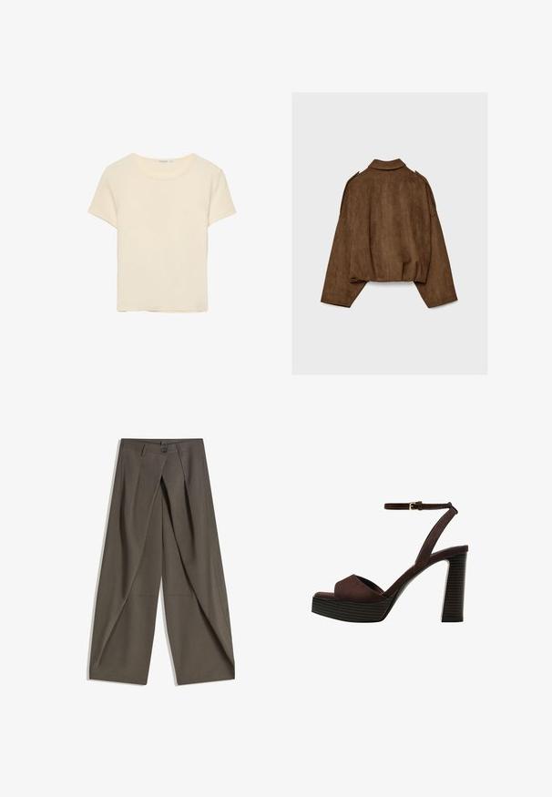 Ruskea tekonahkainen mokkatakki, jossa on kauluksellinen kaula-aukko, ylisuurikokoinen istuvuus ja laskostetut olkapäät. Takana pystysuoria saumadetaljeja ja lyhyt malli.; Kermanvärinen, lyhythihainen t-paita, joka on valmistettu pehmeästä kankaasta. Ominaisuuksiin kuuluu klassinen pyöreä kaula-aukko ja rento istuvuus, ilman huomattavia kuvioita tai yksityiskohtia.; Laahustetut leveät housut tummasta harmaasta kankaasta. Varustettu etupleatilla, nappikiinnityksellä ja sivutaskuilla käytännöllisyyden vuoksi.; Ruske kožne sandale s visokom potpeticom, otvorenim prstima, podesivim kopčanjem oko gležnja i prugastim platformskim đonom.