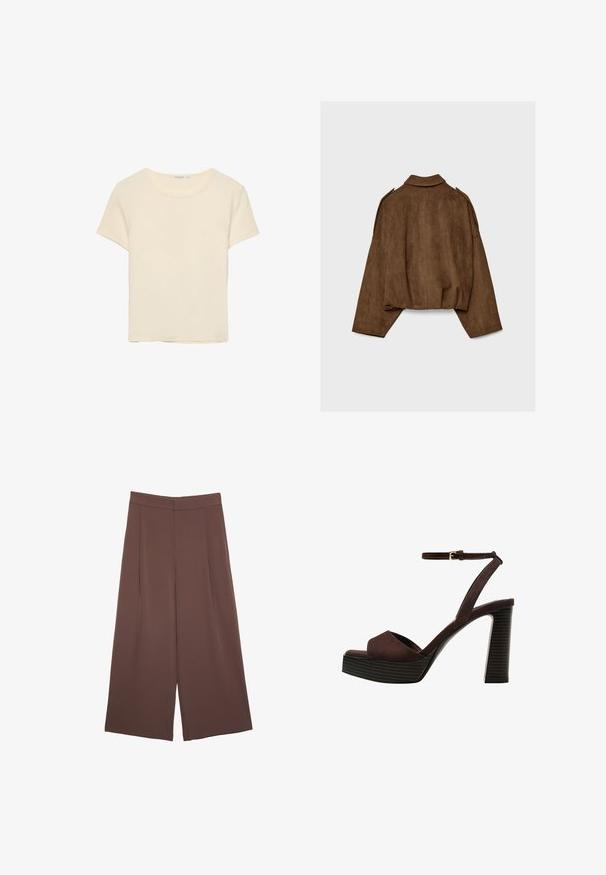 Rjava jakna iz umetnega usnja z ovratnikom, širokim krojem in spuščenimi rameni. Hrbtni del ima navpične šive in krajšano zasnovo.; Kremna majica s kratkimi rokavi, narejena iz mehke tkanine. Ima klasičen okrogli izrez in sproščen kroj, brez opaznih vzorcev ali poudarkov.; Rjave široke hlače z gladko teksturo, ki imajo visok pas in sprednje naborke. Tkanina je lahka in prosto pada.; Rjave semiš sandale z visoko peto, odprto spredaj, z nastavljivim gležnjenjem in črtastim podplatom.