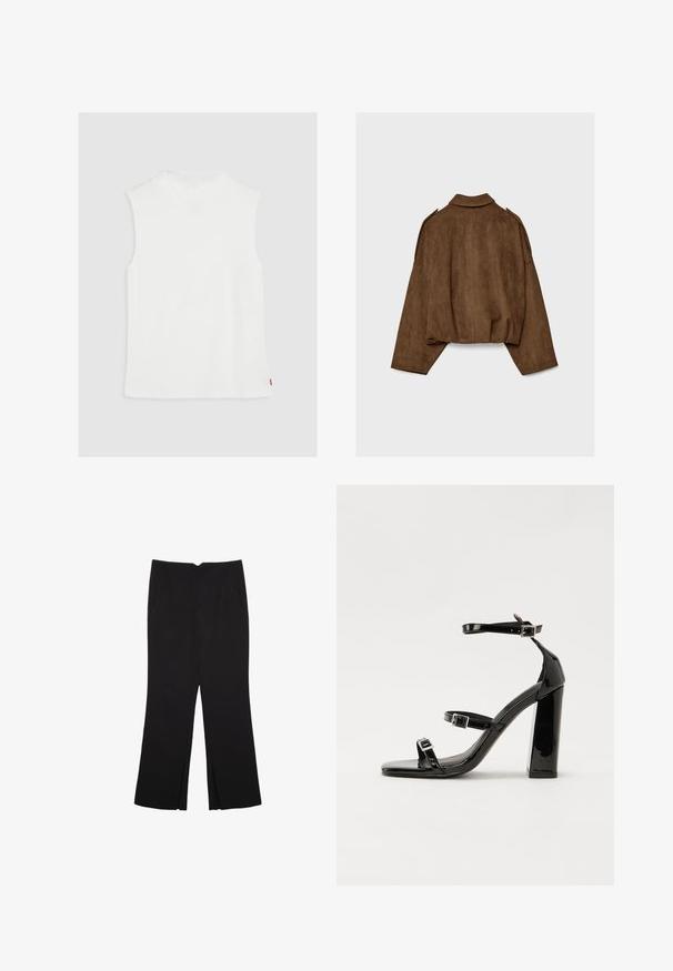 Giacca marrone in finto camoscio con collo a camicia, vestibilità oversize e spalle scese. La parte posteriore presenta cuciture verticali e un design corto.; Top senza maniche bianco con scollatura alta, realizzato in materiale morbido, con orlo dritto e un piccolo etichetta rossa sul lato.; Pantaloni neri a gamba dritta, con tasche frontali e spacchi laterali all'orlo. Realizzati in tessuto morbido e liscio. Adatti a diverse occasioni.; Sandali con tacco in vernice nera, con punta squadrata, cinturini alla caviglia e fibbie in argento. Presentano un tacco a blocco spesso per maggiore stabilità.