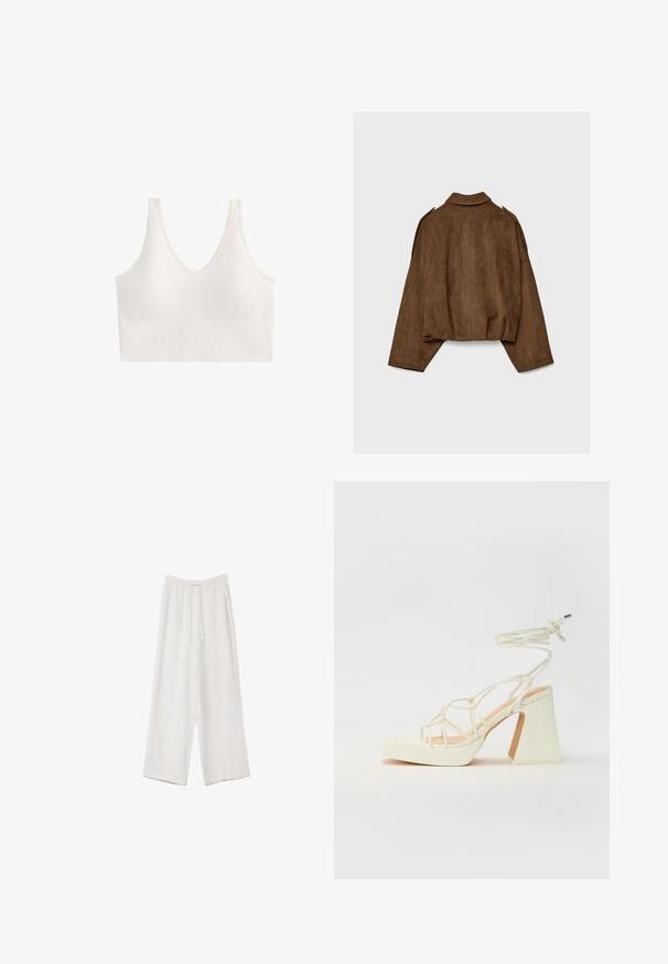 Braune Jacke aus Kunstwildleder mit Kragen, übergroßem Schnitt und abgefallenen Schultern. Der Rücken zeigt vertikale Nahtdetails und ein kurzes Design.; Weißes kabelloses Bralette mit V-Ausschnitt und strukturiertem Muster. Das Design verfügt über breite Träger und eine nahtlose Verarbeitung.; Weiße weit geschnittene Hose aus leichtem Stoff. Mit einem elastischen Bund und Kordelzug sowie Seitentaschen. Glatte Textur.; Weiße High-Heel-Sandale mit einem klobigen Absatz, die über ein Riemchendesign und ein Knöchelband verfügt. Glatte Textur mit einer Plattform vorne für zusätzliche Höhe.