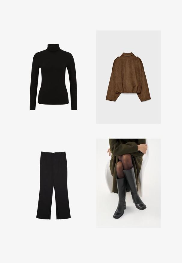 Brązowa kurtka z imitacji zamszu z kołnierzem, luźnym krojem i opuszczonymi ramionami. Tył ozdobiony jest pionowymi przeszyciami i ma krótki krój.; Czarny golf z długim rękawem o dopasowanym kroju, wykonany z miękkiej, elastycznej tkaniny. Gładka faktura i minimalne detale.; Czarne spodnie o prostym kroju, z przednimi kieszeniami i bocznymi rozcięciami na dole. Wykonane z miękkiego, gładkiego materiału. Odpowiednie na różne okazje.; Kozaki skórzane do kolan w kolorze czarnym, z kwadratowym noskiem i słupkowym obcasem, pokazane na modelce siedzącej w oliwkowej zielonej kurtce. Gładka tekstura, minimalne detale.