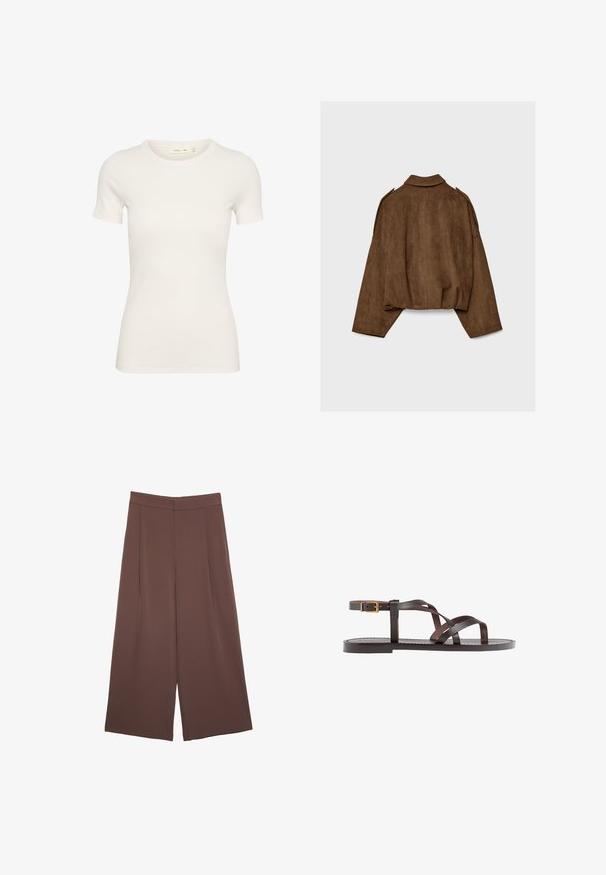 Brun jacka i fuskmocka med krage, oversized passform och nedsänkta axlar. Bakstycket har vertikal sömdetalj och en kortare design.; Vit t-shirt med kort ärm, tillverkad av ribbad bomull, med rund halsringning och en figurnära silhuett. Inga synliga mönster eller detaljer.; Bruna vida byxor med en slät textur, som har hög midja och framfickor. Tyget är lätt och flödar löst.; Bruna lädersandaler med korsade remmar, spänne runt vristen och en platt sula med minimala sömnadsdetaljer.