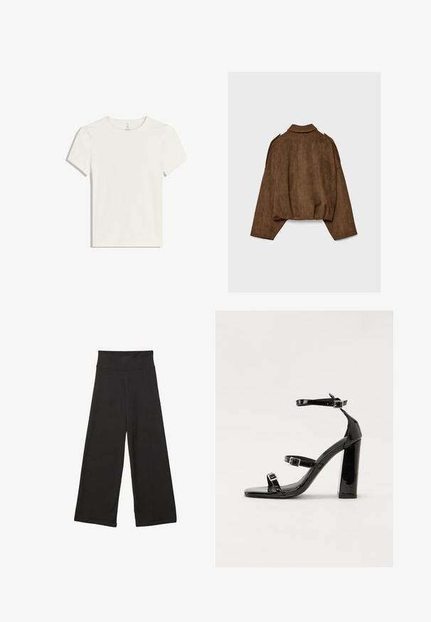 Hnedá bundu z umelého semišu s golierom, nadrozmerným strihom a spustenými ramenami. Zadná časť má vertikálne švy a skrátený dizajn.; Biela tričko s krátkym rukávom vyrobené z mäkkej, ľahkej tkaniny. Má zaoblený výstrih a jednoduchý dizajn bez vzorov alebo akcentov.; Čierne nohavice s širokými nohavicami a vysokým elastickým pásom, vyrobené z mäkkého materiálu s voľným strihom, vhodné na neformálne nosenie alebo relaxačné prostredie.; Čierne lakované sandále na podpätku so štvorcovou špičkou, navlečenými remienkami okolo členku a striebornými prackami. Disponujú masívnym blokovým podpätkom pre stabilitu.