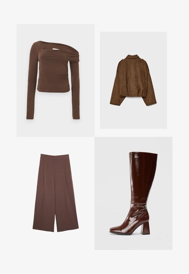 Giacca marrone in finto camoscio con collo a camicia, vestibilità oversize e spalle scese. La parte posteriore presenta cuciture verticali e un design corto.; Top marrone a maniche lunghe con scollo asimmetrico, texture arricciata e silhouette aderente. Tessuto liscio con leggera lucentezza.; Pantaloni ampi marroni con una texture liscia, caratterizzati da una vita alta e pieghe frontali. Il tessuto è leggero e scorre liberamente.; Stivali marroni in pelle verniciata alti fino al ginocchio, con punta quadrata, finitura lucida e taccochunky per stabilità. Design senza soluzione di continuità senza hardware visibile.