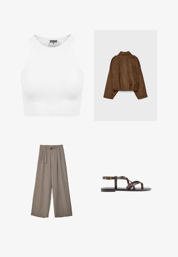 Giacca marrone in finto camoscio con collo a camicia, vestibilità oversize e spalle scese. La parte posteriore presenta cuciture verticali e un design corto.; Top corto bianco a costine con scollatura alta e design senza maniche. Realizzato in tessuto morbido e elasticizzato per un fit confortevole.; Pantaloni a gamba larga in un morbido tessuto grigio tenue, con vita con cintura e pieghe per un tocco di design aggiuntivo. Texture liscia, senza motivi.; Sandal in pelle marrone con cinturini incrociati, chiusura con cinturino alla caviglia e suola piatta con dettagli di cucitura minimi.