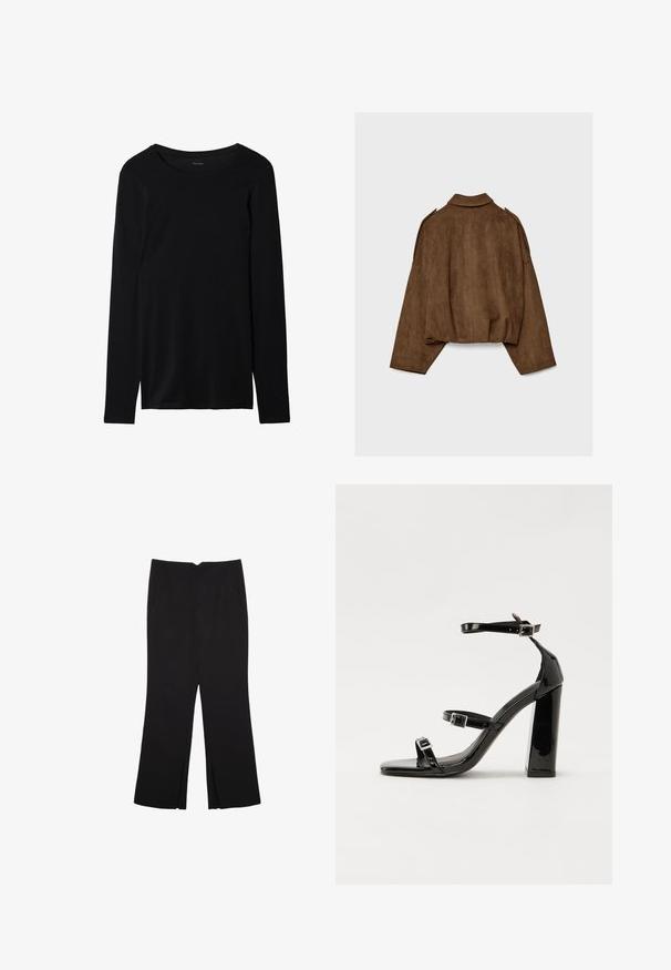 Brown faux suede jacket with a collared neck, oversized fit, and dropped shoulders. The back features vertical seam detailing and a cropped design.; Black long-sleeve t-shirt made from soft fabric with a round neckline and a smooth texture. Features a simple, minimalist design.; Black trousers with a straight fit, featuring front pockets and side slits at the hem. Made of soft, smooth fabric. Suitable for various occasions.; Black patent heeled sandals with a square toe, ankle straps, and silver buckles. Features a chunky block heel for stability.