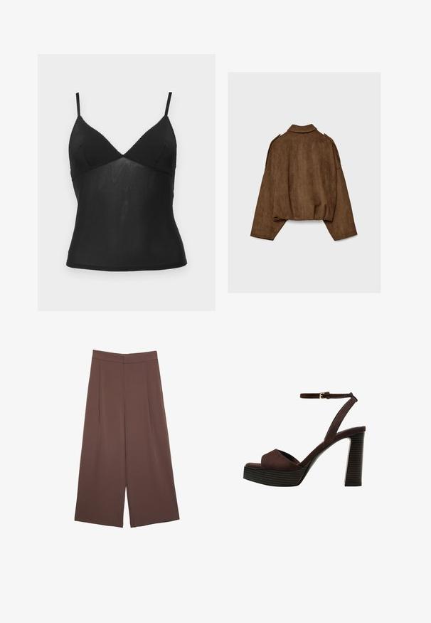 Hnědá bunda z umělé semiše s límcem, volným střihem a sníženými rameny. Na zádech jsou vertikální švy a zkrácený střih.; BDG Urban Outfitters JE TAMIE CAMI - Top - black; Hnědé široké kalhoty s hladkou texturou, vysokým pasem a předními záhyby. Materiál je lehký a volně splývá.; Hnědé semišové sandály na vysokém podpatku s otevřenou špičkou, nastavitelným páskem kolem kotníku a proužkovou platformou.
