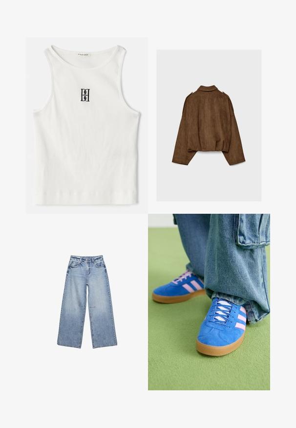 Brun jakke i imiteret ruskind med krave, oversized pasform og sænkede skuldre. Bagsiden har lodrette sømdetaljer og et cropped design.; Hvid ribbet tanktop med et sort broderet logo centreret på brystet. Udhulningen og ærmegabene er afsluttet med en subtil kant.; Lysblå vide jeans lavet af denim, med høj talje, fem lommer og subtil fading, samt rå kanter.; Blå ruskindsko med pink striber og hvide snørebånd, med en sål af gummi, parret med løse denimbukser på en grøn overflade.