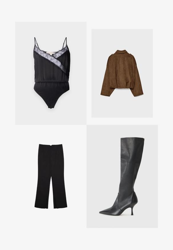 Braune Jacke aus Kunstwildleder mit Kragen, übergroßem Schnitt und abgefallenen Schultern. Der Rücken zeigt vertikale Nahtdetails und ein kurzes Design.; Schwarzer Body mit dünnen Trägern, versehen mit einer Spitzenauflage und ausgefransten Kanten entlang des Ausschnitts sowie einem kontrastierenden diagonalen Einsatz. Glatte Stofftextur.; Schwarze Hose mit geradem Schnitt, ausgestattet mit Fronttaschen und Seitenschlitzen am Saum. Hergestellt aus weichem, glattem Stoff. Geeignet für verschiedene Anlässe.; Knöchelhoche schwarze Lederstiefel mit einer spitzen Zehe und einem schlanken Stiletto-Blockabsatz. Glatte Textur mit einer enganliegenden Passform und Nähten am oberen Rand.