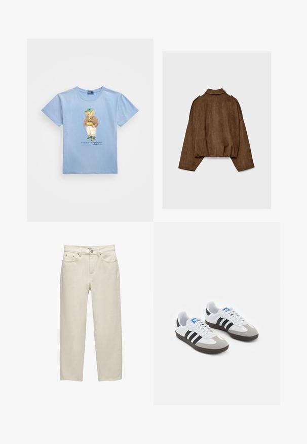 Smeđa jakna od umjetne brušene kože s ovratnikom, prevelikog kroja i spuštenih ramena. Na stražnjoj strani nalazi se vertikalni ukrasni šav i skraćeni dizajn.; Polo Ralph Lauren POLO BEAR COTTON JERSEY T-SHIRT - Majica kratkih rukava s printom - chambray blue; Bijele traperice od denima s opuštenim krojem, s ravnim nogavicama, dizajnom s pet džepova i metalnim detaljima s suptilnom teksturom.; Sportske cipele s gornjištem od bijele kože, sivi suedinasti nos i tri crne pruge. Imaju plavi logo na jeziku i teksturiranu gumenu podlogu.