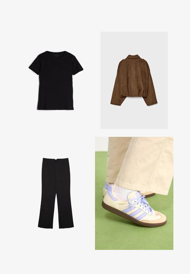 Brązowa kurtka z imitacji zamszu z kołnierzem, luźnym krojem i opuszczonymi ramionami. Tył ozdobiony jest pionowymi przeszyciami i ma krótki krój.; Czarny, krótki rękaw t-shirt wykonany z miękkiej bawełny. Posiada okrągły dekolt oraz gładką, równą teksturę bez widocznych wzorów czy ozdób.; Czarne spodnie o prostym kroju, z przednimi kieszeniami i bocznymi rozcięciami na dole. Wykonane z miękkiego, gładkiego materiału. Odpowiednie na różne okazje.; Kremowe i lawendowe trampki z trzema paskami oraz teksturowaną brązową podeszwą, wyposażone w sznurówki i wyścieloną piętę. Górna część z miękkiego materiału.