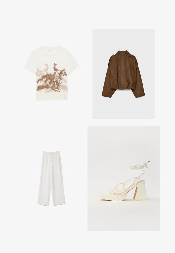 Brun jakke i imiteret ruskind med krave, oversized pasform og sænkede skuldre. Bagsiden har lodrette sømdetaljer og et cropped design.; Lys beige bomulds t-shirt med et brunt grafisk print af to ryttere på heste i bevægelse. Rund halsudskæring og korte ærmer.; Hvide bukser med bred benlængde lavet af et letvægtsstof. Har et elastisk talje med snor og sidelommer. Glat tekstur.; Hvide højhælede sandaler med en kraftig hæl, der har et stropdesign og ankelbinding. Glat tekstur med en platform foran for ekstra højde.
