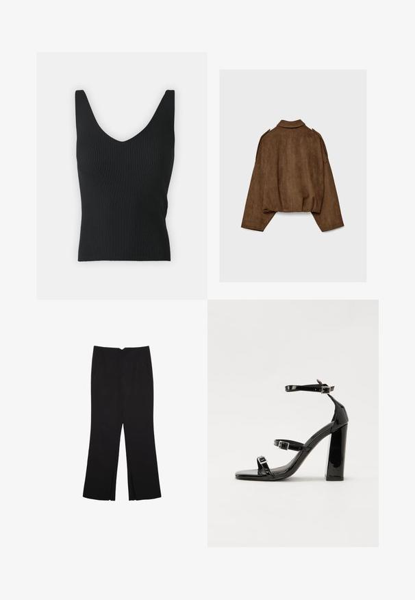 Brun jakke i imiteret ruskind med krave, oversized pasform og sænkede skuldre. Bagsiden har lodrette sømdetaljer og et cropped design.; Sort ribbet tanktop med en dyb V-udskæring og brede skulderstropper. Glat tekstur, tætsiddende silhuet og ingen synlige dekorationer.; Sorte bukser med lige pasform, der har frontlommer og slidser i kanten. Lavet af blødt, glat stof. Velegnet til forskellige anledninger.; Sorte patenterede hælsandaler med firkantet tå, ankelremme og sølvspænder. Har en chunky blokHæl for stabilitet.