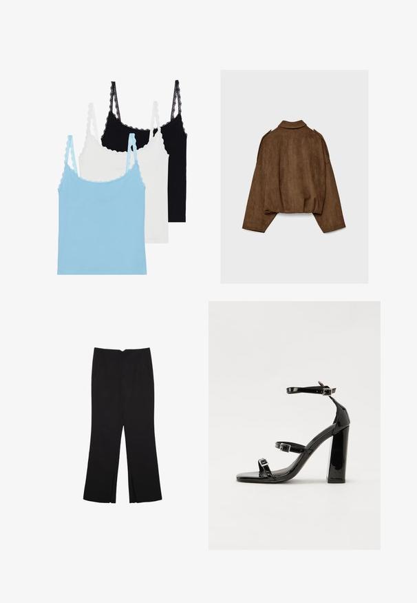 Brązowa kurtka z imitacji zamszu z kołnierzem, luźnym krojem i opuszczonymi ramionami. Tył ozdobiony jest pionowymi przeszyciami i ma krótki krój.; Trzy koszulki na ramiączkach z koronkowymi wykończeniami: jedna jasnoniebieska, jedna biała i jedna czarna. Wykonane z miękkiego materiału o dopasowanym kroju.; Czarne spodnie o prostym kroju, z przednimi kieszeniami i bocznymi rozcięciami na dole. Wykonane z miękkiego, gładkiego materiału. Odpowiednie na różne okazje.; Czarne lakierowane sandały na obcasie z kwadratowym noskiem, z paskami wokół kostki i srebrnymi klamrami. Posiadają masywny słupek dla stabilności.