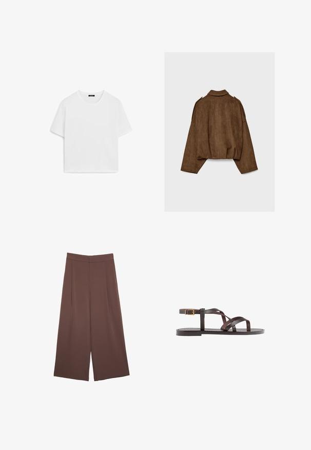 Giacca marrone in finto camoscio con collo a camicia, vestibilità oversize e spalle scese. La parte posteriore presenta cuciture verticali e un design corto.; T-shirt bianco cropped con collo rotondo e maniche corte, realizzato in morbido tessuto di cotone. Texture liscia, senza motivi né dettagli.; Pantaloni ampi marroni con una texture liscia, caratterizzati da una vita alta e pieghe frontali. Il tessuto è leggero e scorre liberamente.; Sandal in pelle marrone con cinturini incrociati, chiusura con cinturino alla caviglia e suola piatta con dettagli di cucitura minimi.