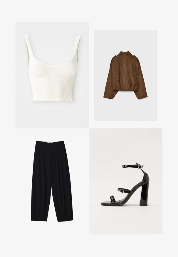 Brun jacka i fuskmocka med krage, oversized passform och nedsänkta axlar. Bakstycket har vertikal sömdetalj och en kortare design.; Krämfärgad ribbad kort topp med breda axelremmar och en mjuk, slät textur. Har en konturerad bystöm och en rak fåll.; Svarta vida byxor i lätt tyg, med framfållningar, en klassisk midja och sidofickor. Slät textur.; Svarta lackerade högklackade sandaler med två spännband, fyrkantig tå och en tjock klack, med en slät och glansig yta.