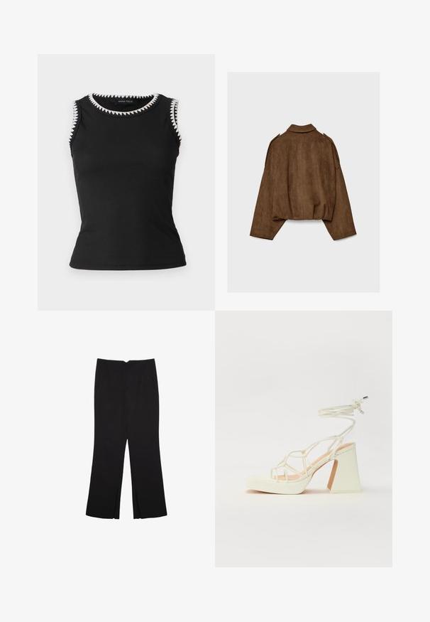 Brown faux suede jacket with a collared neck, oversized fit, and dropped shoulders. The back features vertical seam detailing and a cropped design.; Black sleeveless top with ribbed texture; features a white zigzag trim around the neckline and armholes; form-fitting design.; Black trousers with a straight fit, featuring front pockets and side slits at the hem. Made of soft, smooth fabric. Suitable for various occasions.; White high-heeled sandal with a chunky heel, featuring a strappy design and ankle tie. Smooth texture with a platform front for added height.