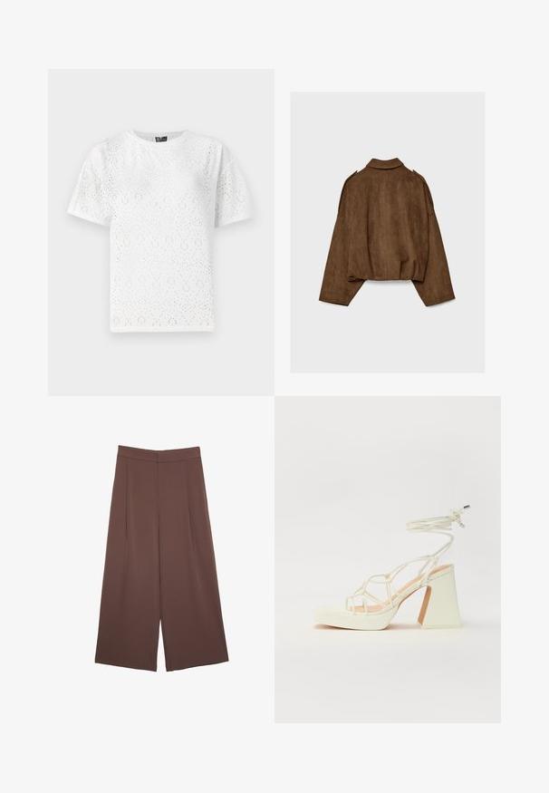 Ruskea tekonahkainen mokkatakki, jossa on kauluksellinen kaula-aukko, ylisuurikokoinen istuvuus ja laskostetut olkapäät. Takana pystysuoria saumadetaljeja ja lyhyt malli.; Valkoinen puuvillainen t-paita, jossa on reikämallia ja kaarevia muotoja, lyhyet hihat ja pyöreä pääntie. Suora tekstuuri ja rento istuvuus.; Ruskeat leveälahkeiset housut, joissa on sileä pinta, korkea vyötärö ja etupleat. Kangas on kevyttä ja laskeutuu väljänä.; Valkoinen korkokenkä, jossa on paksu korko, ja joka sisältää nauhakiinnityksen ja nilkkaketjun. Sujuva pinta, jossa on platform-etupohja lisäkorkeutta varten.