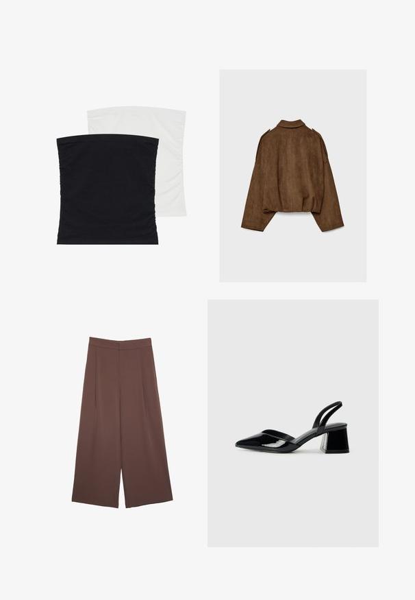 Rjava jakna iz umetnega usnja z ovratnikom, širokim krojem in spuščenimi rameni. Hrbtni del ima navpične šive in krajšano zasnovo.; Dve raztegljive tube majice, ena črna in druga bela, z mehko, gladko tkanino in zgubanimi detajli ob straneh.; Rjave široke hlače z gladko teksturo, ki imajo visok pas in sprednje naborke. Tkanina je lahka in prosto pada.; Črne lakirane slingback pete s koničastim nosom in geometrijsko blokasto peto. Imajo eleganten, minimalističen dizajn in gladko teksturo.