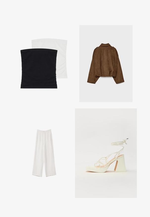 Braune Jacke aus Kunstwildleder mit Kragen, übergroßem Schnitt und abgefallenen Schultern. Der Rücken zeigt vertikale Nahtdetails und ein kurzes Design.; Zwei dehnbare Tube-Tops, eines in Schwarz und das andere in Weiß, aus weichem, glattem Stoff mit gerafftem Design an den Seiten.; Weiße weit geschnittene Hose aus leichtem Stoff. Mit einem elastischen Bund und Kordelzug sowie Seitentaschen. Glatte Textur.; Weiße High-Heel-Sandale mit einem klobigen Absatz, die über ein Riemchendesign und ein Knöchelband verfügt. Glatte Textur mit einer Plattform vorne für zusätzliche Höhe.