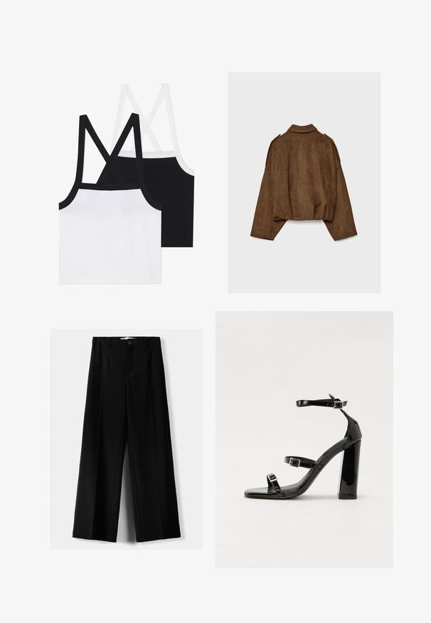 Giacca marrone in finto camoscio con collo a camicia, vestibilità oversize e spalle scese. La parte posteriore presenta cuciture verticali e un design corto.; Due crop top in cotone, uno bianco e uno nero, presentano spalline incrociate sul retro e una texture a coste. Ognuno ha un bordo di contrasto lungo i lati.; Pantaloni neri a gamba larga realizzati in tessuto leggero, caratterizzati da una chiusura frontale con bottone e frontale piatto, con orli cuciti con precisione.; Sandali con tacco in vernice nera, con punta squadrata, cinturini alla caviglia e fibbie in argento. Presentano un tacco a blocco spesso per maggiore stabilità.