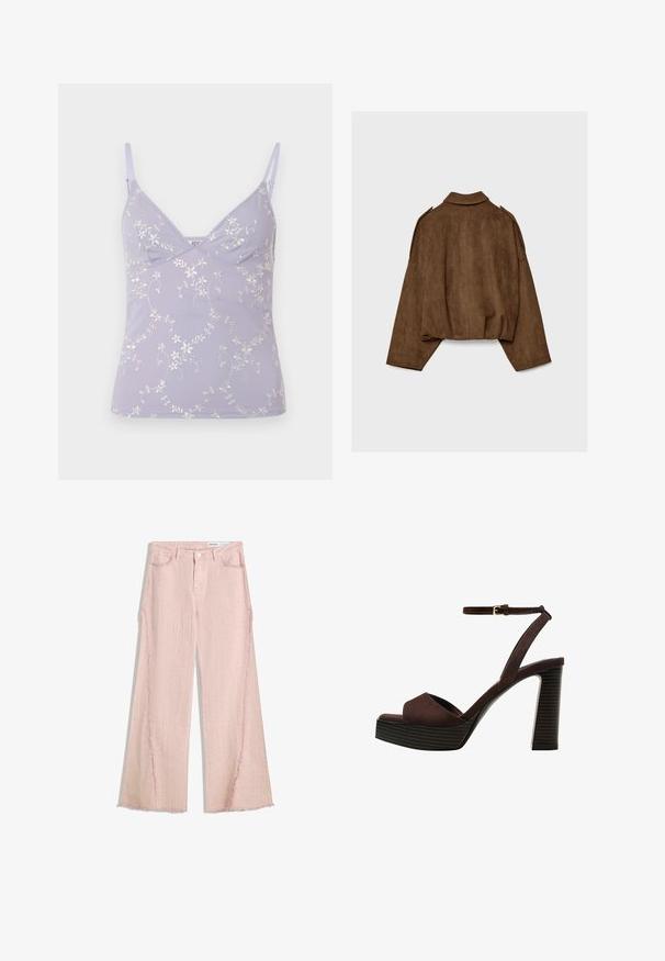 Hnedá bundu z umelého semišu s golierom, nadrozmerným strihom a spustenými ramenami. Zadná časť má vertikálne švy a skrátený dizajn.; BDG Urban Outfitters JE TAIME BRODERIE - Top - lilac; Svetloružové široké džínsy s textúrovaným povrchom, strapcovým lemom a dizajnom s piatimi vreckami. Obsahuje zapínanie na gombík a pútka na opasok.; Hnedé semišové sandále na vysokom podpätku s otvorenou špičkou, nastaviteľným členkovým remienkom a pruhovanou platformovou podrážkou.