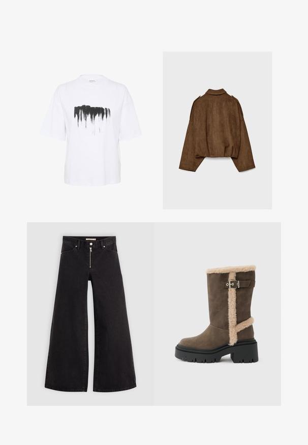 Brun jakke i imiteret ruskind med krave, oversized pasform og sænkede skuldre. Bagsiden har lodrette sømdetaljer og et cropped design.; Hvid bomulds t-shirt med en løs pasform, der har et sort penselstrøgs-print på brystet og korte ærmer.; Vide ben jeans i sort denim med lynlås foran, fem lomme-design og subtile stikninger. Glat tekstur og afslappet stil.; Brun ruskindsankelstøvle med beige pelskant, der har en sølvspænde og en kraftig sort sål med et tykt mønster.