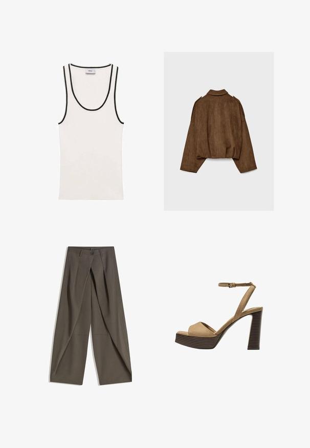 Smeđa jakna od umjetne brušene kože s ovratnikom, prevelikog kroja i spuštenih ramena. Na stražnjoj strani nalazi se vertikalni ukrasni šav i skraćeni dizajn.; Bijela majica bez rukava s rebrastom teksturom, s crnim obrubom oko izreza i otvora za ruke. Jednostavan, bezrukavan dizajn.; Hlače širokog kroja izrađene od teksturirane tamnosive tkanine. Imaju prednji plis, kopčanje na gumb i bočne džepove za praktičnost.; Beige suedirane sandale s visokim potpeticama, širokom prednjom trakom i trakicom oko gležnja, s debelom drvenom blok-potpeticom s teksturiranim završetkom.