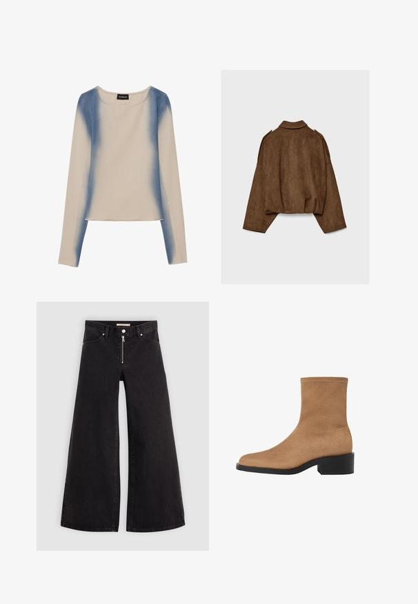 Hnedá bundu z umelého semišu s golierom, nadrozmerným strihom a spustenými ramenami. Zadná časť má vertikálne švy a skrátený dizajn.; Dlhý rukáv top v svetlej béžovej farbe s gradientným modrým dizajnom. Hladká textúra s okrúhlym výstrihom a rovnými okrajmi.; Dlhé nohavice vo voľnom strihu z čierneho denimu so zipsom vpredu, päť vrecúškovým dizajnom a jemnými stehovými detailmi. Hladká textúra a neformálny štýl.; Béžové semišové členkové topánky so štvorcovou špičkou, nízkym blokovým podpätkom a bezšvovým dizajnom. Obsahujú jemné švy pozdĺž okrajov.