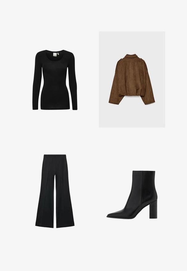 Brown faux suede jacket with a collared neck, oversized fit, and dropped shoulders. The back features vertical seam detailing and a cropped design.; Black long-sleeve top with a rounded neckline, made from a soft, stretchy fabric. Features a fitted silhouette and minimalistic design.; Black wide-leg pants with a smooth texture, featuring front pleats and a tailored design. The fabric is lightweight and flowy.; Black leather ankle boot with a pointed toe, high block heel, and smooth finish. Simple design with clean lines, no visible hardware.