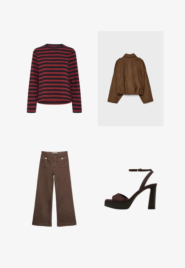 Ruskea tekonahkainen mokkatakki, jossa on kauluksellinen kaula-aukko, ylisuurikokoinen istuvuus ja laskostetut olkapäät. Takana pystysuoria saumadetaljeja ja lyhyt malli.; Pitkähihaisessa paidassa on musta ja punainen raidoitus, pyöreä kaula-aukko, puuvillakangasta, rento istuvuus, suora helma ja sivusaumat.; Ruske leve bukser i bomuld med to forlommer med sølvknapper og en glat overflade.; Ruske kožne sandale s visokom potpeticom, otvorenim prstima, podesivim kopčanjem oko gležnja i prugastim platformskim đonom.