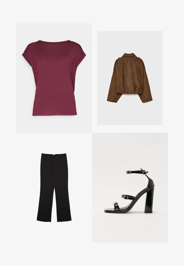 Braune Jacke aus Kunstwildleder mit Kragen, übergroßem Schnitt und abgefallenen Schultern. Der Rücken zeigt vertikale Nahtdetails und ein kurzes Design.; Vero Moda VMAVA PLAIN - T-Shirt basic - port royale; Schwarze Hose mit geradem Schnitt, ausgestattet mit Fronttaschen und Seitenschlitzen am Saum. Hergestellt aus weichem, glattem Stoff. Geeignet für verschiedene Anlässe.; Schwarze patentierte Sandalen mit Absatz, quadratischer Spitze, Knöchelriemen und silbernen Schnallen. Mit einem stabilen Blockabsatz für mehr Stabilität.