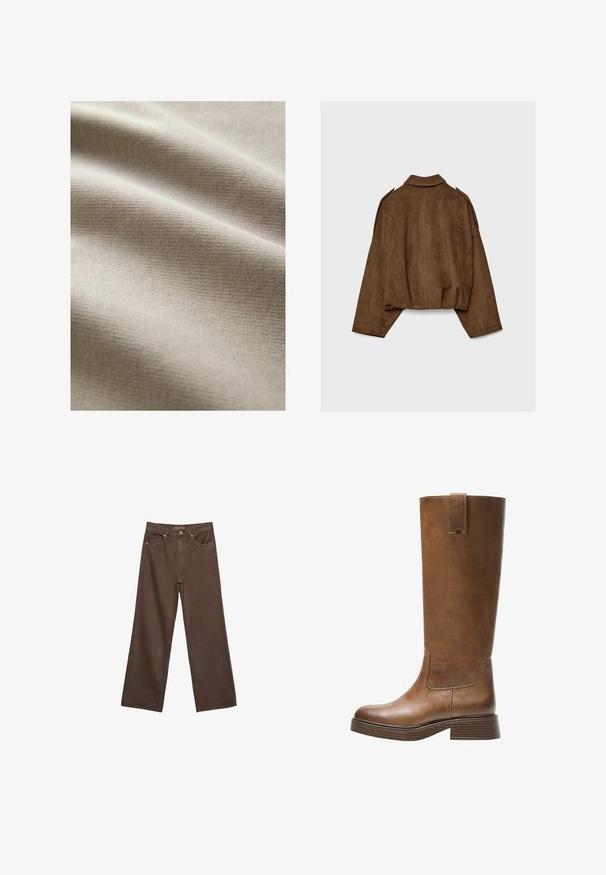 Ruskea tekonahkainen mokkatakki, jossa on kauluksellinen kaula-aukko, ylisuurikokoinen istuvuus ja laskostetut olkapäät. Takana pystysuoria saumadetaljeja ja lyhyt malli.; Beige kangas, jossa on sileä, teksturoitu pinta, joissa on hienovaraisia vaakasuoria viivoja ja ryppyjä, mikä viittaa pehmeyteen ja joustavuuteen.; Leviittävät ruskeat farkut, jotka on valmistettu denimistä, korkea vyötärö, etutaskut ja klassinen nappikiinnitys. Silkkinen pinta hienovaraisella ompelutyöllä.; Kahvipronssinen polvipituinen saapas, jossa on pyöristetty kärki, teksturoitu pinta ja matala pinoheijastin. Varressa on sivupaneeli ja vetotappi ylhäällä.