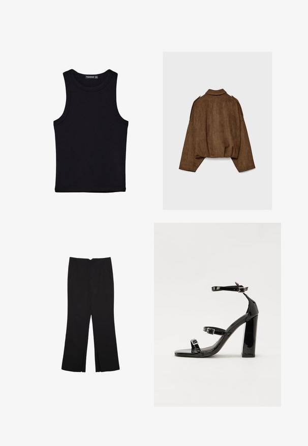 Brun jakke i imiteret ruskind med krave, oversized pasform og sænkede skuldre. Bagsiden har lodrette sømdetaljer og et cropped design.; Sort tank top lavet af bomuld, med rund halsudskæring og brede armhuller. Glat tekstur med syede kanter. Klassisk, minimalistisk design.; Sorte bukser med lige pasform, der har frontlommer og slidser i kanten. Lavet af blødt, glat stof. Velegnet til forskellige anledninger.; Sorte laklædersandaler med høje hæle, to spænderemme, firkantet tå og en kraftig blokhæl, der har en glat, blank overflade.