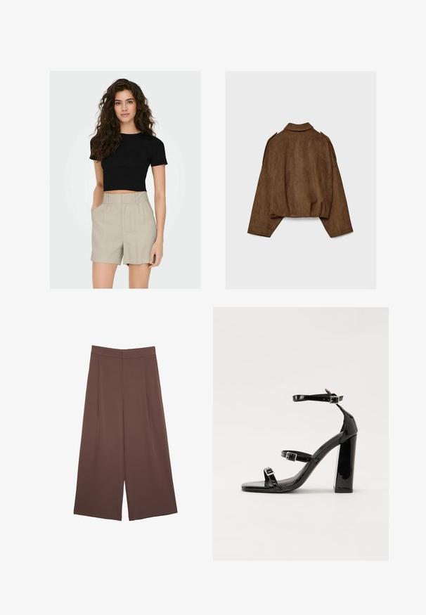 Hnedá bundu z umelého semišu s golierom, nadrozmerným strihom a spustenými ramenami. Zadná časť má vertikálne švy a skrátený dizajn.; Čierne skrátené tričko s krátkymi rukávmi v kombinácii s béžovými šortkami s vysokým pásom, ktoré majú záhyby a bočné vrecká. Hladká textúra látky.; Hnedé nohavice so širokými nohavicami a hladkou textúrou, s vysokým pásom a prednými skladmi. Tkanina je ľahká a voľne sa pohybuje.; Čierne lakované sandále na podpätku so štvorcovou špičkou, navlečenými remienkami okolo členku a striebornými prackami. Disponujú masívnym blokovým podpätkom pre stabilitu.