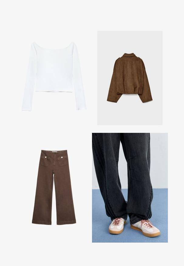 Giacca marrone in finto camoscio con collo a camicia, vestibilità oversize e spalle scese. La parte posteriore presenta cuciture verticali e un design corto.; Crop top bianco a maniche lunghe con scollatura off-the-shoulder. Realizzato in un tessuto liscio e elasticizzato, senza motivi visibili o decorazioni.; Pantaloni larghi marroni in cotone, con due tasche frontali decorate da bottoni argentati e una texture liscia.; Pantaloni in denim neri a gamba larga con dettagli di cucitura frontale, abbinati a sneakers bianche e rosa con suola in gomma e lacci rosa.
