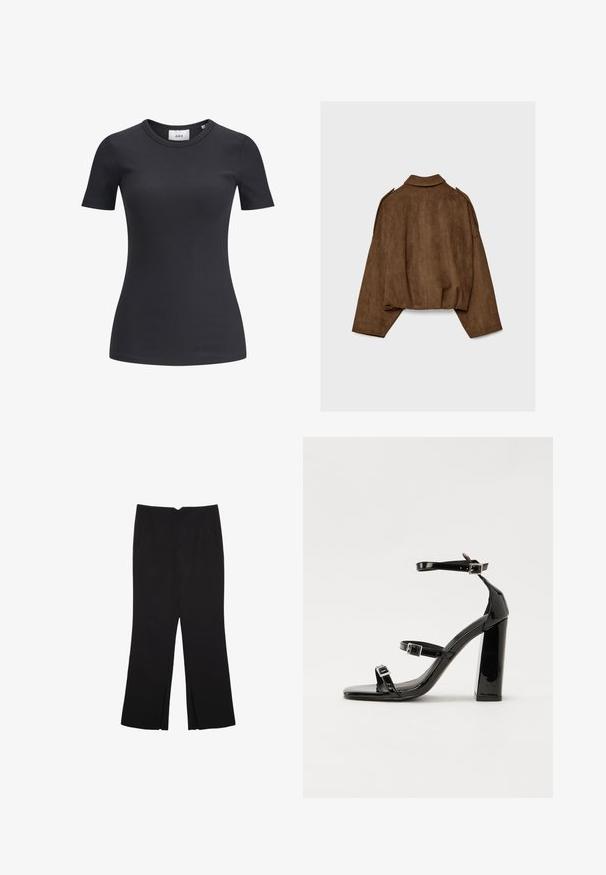 Ruskea tekonahkainen mokkatakki, jossa on kauluksellinen kaula-aukko, ylisuurikokoinen istuvuus ja laskostetut olkapäät. Takana pystysuoria saumadetaljeja ja lyhyt malli.; Mustan raidallisen lyhythihaisen t-paidan pyöreä pääntie. Valmistettu pehmeästä, joustavasta kankaasta, jossa on hieno rakenne ja vartalonmyötäinen siluetti.; Mustat housut suoralinjaisella leikkauksella, joissa on etutaskut ja sivurei'ät helman alla. Valmistettu pehmeästä ja sileästä kankaasta. Sopii eri tilaisuuksiin.; Musta kiiltävä korkokenkä sandaalit neliönmuotoisella varpaalla, nilkkaremmillä ja hopeisilla soljilla. Varustettu tukevalla lohkokorkealla vakauden takaamiseksi.